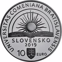 obverse of 10 Euro - Commemorating the 100th anniversary of Comenius University in Bratislava (2019) coin from Slovakia. Inscription: SLOVENSKO 2019 10 Euro UNIVERSITAS COMENIANA BRATISLAVENSIS