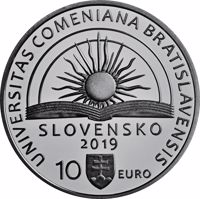 Slovakia coin 10 Euro - Commemorating the 100th anniversary of Comenius University in Bratislava (2019) obverse obverse of 10 Euro - Commemorating the 100th anniversary of Comenius University in Bratislava (2019) coin from Slovakia. Inscription: SLOVENSKO 2019 10 Euro UNIVERSITAS COMENIANA BRATISLAVENSIS