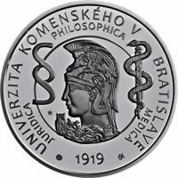 reverse of 10 Euro - Commemorating the 100th anniversary of Comenius University in Bratislava (2019) coin from Slovakia. Inscription: JURIDICA, PHILOSOPHICA, MEDICA 1919 UNIVERZITA KOMENSKÉHO V BRATISLAVE