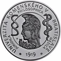 Slovakia coin 10 Euro - Commemorating the 100th anniversary of Comenius University in Bratislava (2019) reverse reverse of 10 Euro - Commemorating the 100th anniversary of Comenius University in Bratislava (2019) coin from Slovakia. Inscription: JURIDICA, PHILOSOPHICA, MEDICA 1919 UNIVERZITA KOMENSKÉHO V BRATISLAVE