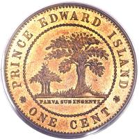 reverse of 1 Cent - Victoria (1871) coin with KM# 4 from Canadian provinces. Inscription: PRINCE EDWARD ISLAND PARVA SUB INGENTI ONE CENT