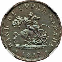 obverse of 1/2 Penny - Bank of Upper Canada Token (1850 - 1857) coin with BR# 720 from Canadian provinces. Inscription: BANK OF UPPER CANADA 1854