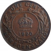 Canadian provinces coin 1 Cent - George V (1913 - 1936) reverse reverse of 1 Cent - George V (1913 - 1936) coin with KM# 16 from Canadian provinces. Inscription: ONE CENT 1920 NEWFOUNDLAND