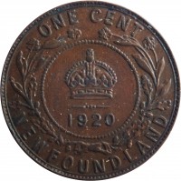 reverse of 1 Cent - George V (1913 - 1936) coin with KM# 16 from Canadian provinces. Inscription: ONE CENT 1920 NEWFOUNDLAND