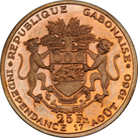 Gabon coin 25 Francs - Independence (1960) reverse reverse of 25 Francs - Independence (1960) coin from Gabon. Inscription: REPUBLIQUE GABONAISE 25 Fr. INDEPENDANCE 17 AOÛT 1960