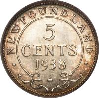 reverse of 5 Cents - George VI (1938 - 1943) coin with KM# 19 from Canadian provinces. Inscription: NEWFOUNDLAND 5 CENTS 1941