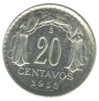 reverse of 20 Centavos (1953) coin from Chile. Inscription: So 20 CENTAVOS 1953