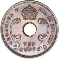 obverse of 10 Cents - George V (1921 - 1936) coin with KM# 19 from British East Africa. Inscription: GEORGIVS V REX ET IND IMP TEN CENTS