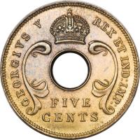 obverse of 5 Cents - George V (1921 - 1936) coin with KM# 18 from British East Africa. Inscription: GEORGIUS V REX ET IND:IMP: FIVE CENTS