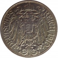 Germany coin 25 Pfennig - Wilhelm II (1909 - 1912) obverse obverse of 25 Pfennig - Wilhelm II (1909 - 1912) coin with KM# 18 from Germany. Inscription: DEUTSCHES REICH 1910