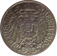 obverse of 25 Pfennig - Wilhelm II (1909 - 1912) coin with KM# 18 from Germany. Inscription: DEUTSCHES REICH 1910