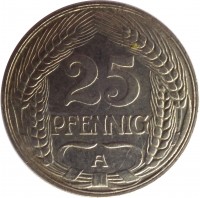 reverse of 25 Pfennig - Wilhelm II (1909 - 1912) coin with KM# 18 from Germany. Inscription: 25 PFENNIG A