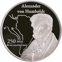 obverse of 1 Sol - 250 years of the birth of Alexander von Humboldt (2019) coin from Peru. Inscription: Alexander von Humboldt 250 Años de su nacimiento