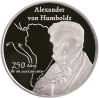 Peru coin 1 Sol - 250 years of the birth of Alexander von Humboldt (2019) obverse obverse of 1 Sol - 250 years of the birth of Alexander von Humboldt (2019) coin from Peru. Inscription: Alexander von Humboldt 250 Años de su nacimiento