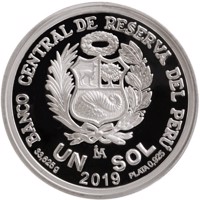 reverse of 1 Sol - 250 years of the birth of Alexander von Humboldt (2019) coin from Peru. Inscription: BANCO CENTRAL DE RESERVA DEL PERÚ UN SOL 33,625g 2019 PLATA 0,925