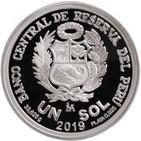 Peru coin 1 Sol - 250 years of the birth of Alexander von Humboldt (2019) reverse reverse of 1 Sol - 250 years of the birth of Alexander von Humboldt (2019) coin from Peru. Inscription: BANCO CENTRAL DE RESERVA DEL PERÚ UN SOL 33,625g 2019 PLATA 0,925
