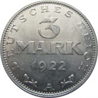 Germany coin 3 Mark (1922) reverse reverse of 3 Mark (1922) coin with KM# 28 from Germany. Inscription: DEUTSCHES REICH 3 MARK 1922