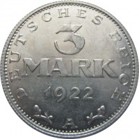 reverse of 3 Mark (1922) coin with KM# 28 from Germany. Inscription: DEUTSCHES REICH 3 MARK 1922