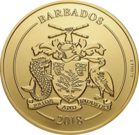obverse of 100 Dollars - Harewood Rum (2018) coin from Barbados. Inscription: BARBADOS PRIDE AND INDUSTRY 2018 Au 999,9