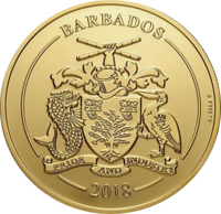 Barbados coin 100 Dollars - Harewood Rum (2018) obverse obverse of 100 Dollars - Harewood Rum (2018) coin from Barbados. Inscription: BARBADOS PRIDE AND INDUSTRY 2018 Au 999,9