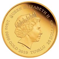 obverse of 25 Dollars - Elizabeth II - Bugs Bunny (2019) coin from Tuvalu. Inscription: QUEEN ELIZABETH II TUVALU 25 DOLLARS 1/4oz 9999 GOLD 2019 IRB