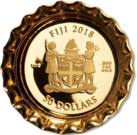 Fiji coin 50 Dollars - 130 years of Coca-Cola® (2018) obverse obverse of 50 Dollars - 130 years of Coca-Cola® (2018) coin from Fiji. Inscription: FIJI 2018 1oz .999 FINE GOLD 50 DOLLARS