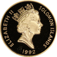 obverse of 50 Dollars - Elizabeth II - 50th Anniversary of the Battle of the Coral Sea (1992) coin with KM# 38 from Solomon Islands. Inscription: ELIZABETH II SOLOMON ISLANDS RDM 1992