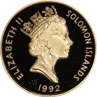 Solomon Islands coin 50 Dollars - Elizabeth II - 50th Anniversary of the Battle of the Coral Sea (1992) obverse obverse of 50 Dollars - Elizabeth II - 50th Anniversary of the Battle of the Coral Sea (1992) coin with KM# 38 from Solomon Islands. Inscription: ELIZABETH II SOLOMON ISLANDS RDM 1992