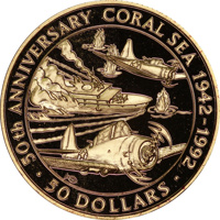 Solomon Islands coin 50 Dollars - Elizabeth II - 50th Anniversary of the Battle of the Coral Sea (1992) reverse reverse of 50 Dollars - Elizabeth II - 50th Anniversary of the Battle of the Coral Sea (1992) coin with KM# 38 from Solomon Islands. Inscription: 50th ANNIVESARY CORAL SEA 1942-1992 · 50 DOLLARS ·