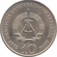 obverse of 10 Mark - Buchenwald Concentration Camp Memorial (1972) coin with KM# 38 from Germany. Inscription: DEUTSCHE DEMOKRATISCHE REPUBLIK A 1972 10 MARK