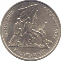 Germany coin 10 Mark - Buchenwald Concentration Camp Memorial (1972) reverse reverse of 10 Mark - Buchenwald Concentration Camp Memorial (1972) coin with KM# 38 from Germany. Inscription: MAHN-UND GEDENKSTÄTTE BUCHENWALD