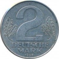 reverse of 2 Mark (1957) coin with KM# 14 from Germany. Inscription: A 2 DEUTSCHE MARK 1957