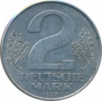 Germany coin 2 Mark (1957) reverse reverse of 2 Mark (1957) coin with KM# 14 from Germany. Inscription: A 2 DEUTSCHE MARK 1957