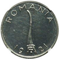 obverse of 5 Lei - Ferdinand I (1921) coin with KM# Pn182 from Romania. Inscription: ROMANIA 19 21