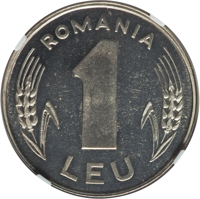 reverse of 1 Leu (1992) coin with KM# Pn297 from Romania. Inscription: ROMANIA 1 LEU