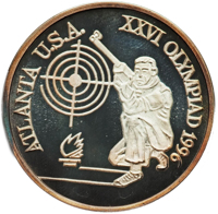 obverse of 100 Lei - XXVI Olympiad - Atlanta (1996) coin from Romania. Inscription: ATLANTA U.S.A. XXVI OLYMPIAD 1996