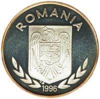 reverse of 100 Lei - XXVI Olympiad - Atlanta (1996) coin from Romania. Inscription: ROMANIA 1996 V.G.
