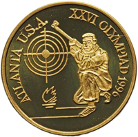 obverse of 100 Lei - XXVI Olympiad - Atlanta (1996) coin from Romania. Inscription: ATLANTA U.S.A. XXVI OLYMPIAD 1996