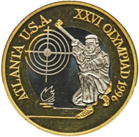 obverse of 100 Lei - XXVI Olympiad - Atlanta (1996) coin from Romania. Inscription: ATLANTA U.S.A. XXVI OLYMPIAD 1996