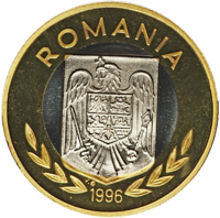 reverse of 100 Lei - XXVI Olympiad - Atlanta (1996) coin from Romania. Inscription: ROMANIA 1996 V.G.