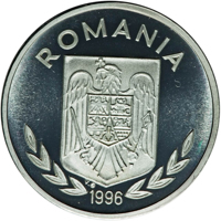 obverse of 100 Lei - XXVI Olympiad - Atlanta (1996) coin from Romania. Inscription: ROMANIA 1996 V.G.