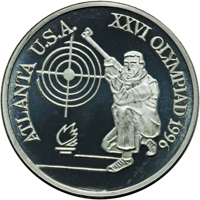 reverse of 100 Lei - XXVI Olympiad - Atlanta (1996) coin from Romania. Inscription: ATLANTA U.S.A. XXVI OLYMPIAD 1996