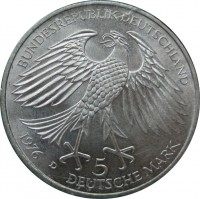 Germany coin 5 Deutsche Mark - von Grimmelshausen (1976) obverse obverse of 5 Deutsche Mark - von Grimmelshausen (1976) coin with KM# 144 from Germany. Inscription: BUNDESREPUBLIK DEUTSCHLAND 5 DEUTSCHE MARK 1976 D