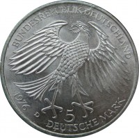 obverse of 5 Deutsche Mark - von Grimmelshausen (1976) coin with KM# 144 from Germany. Inscription: BUNDESREPUBLIK DEUTSCHLAND 5 DEUTSCHE MARK 1976 D