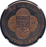 Romania coin 1000 Lei - Visit of His Holiness Pope John Paul II in Romania 7-9 May 1999 (1999) obverse obverse of 1000 Lei - Visit of His Holiness Pope John Paul II in Romania 7-9 May 1999 (1999) coin from Romania. Inscription: ROMANIA 1999 1000 LEI