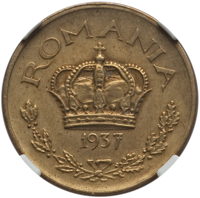obverse of 1 Leu - Carol II (1937) coin from Romania. Inscription: ROMANIA 1937