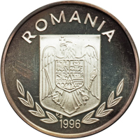 obverse of 100 Lei - XXVI Olympiad - Atlanta (1996) coin from Romania. Inscription: ROMANIA 1996 V.G.