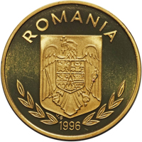 obverse of 100 Lei - XXVI Olympiad - Atlanta (1996) coin from Romania. Inscription: ROMANIA 1996 V.G.