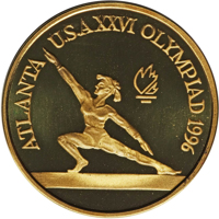 reverse of 100 Lei - XXVI Olympiad - Atlanta (1996) coin from Romania. Inscription: ATLANTA U.S.A. XXVI OLYMPIAD 1996