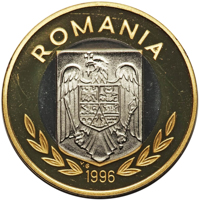 obverse of 100 Lei - XXVI Olympiad - Atlanta (1996) coin from Romania. Inscription: ROMANIA 1996 V.G.